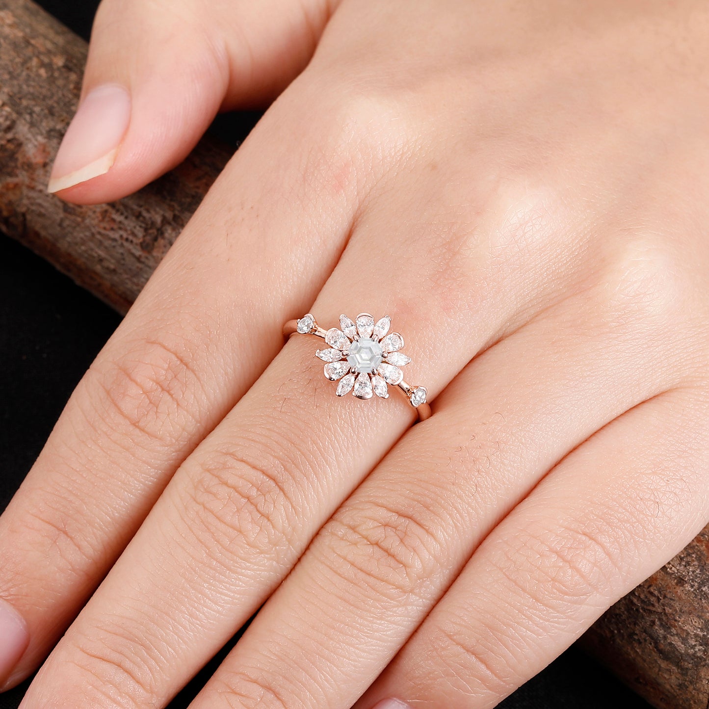 Nature Inspired Floral Pattern 0.35 Carat Hexagon Side Stone Moissanite Engagement Ring