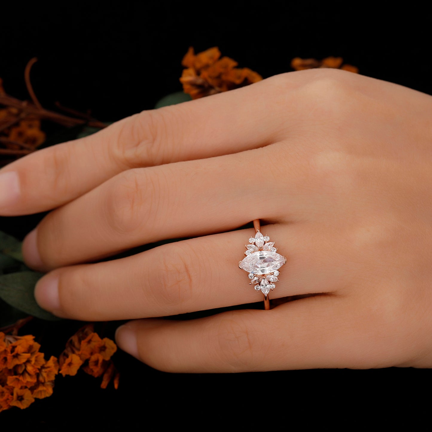 Brilliant Huge Sunflower 1.00 Carat Marquise Cut Moissanite Side Stone Engagement Ring For Her