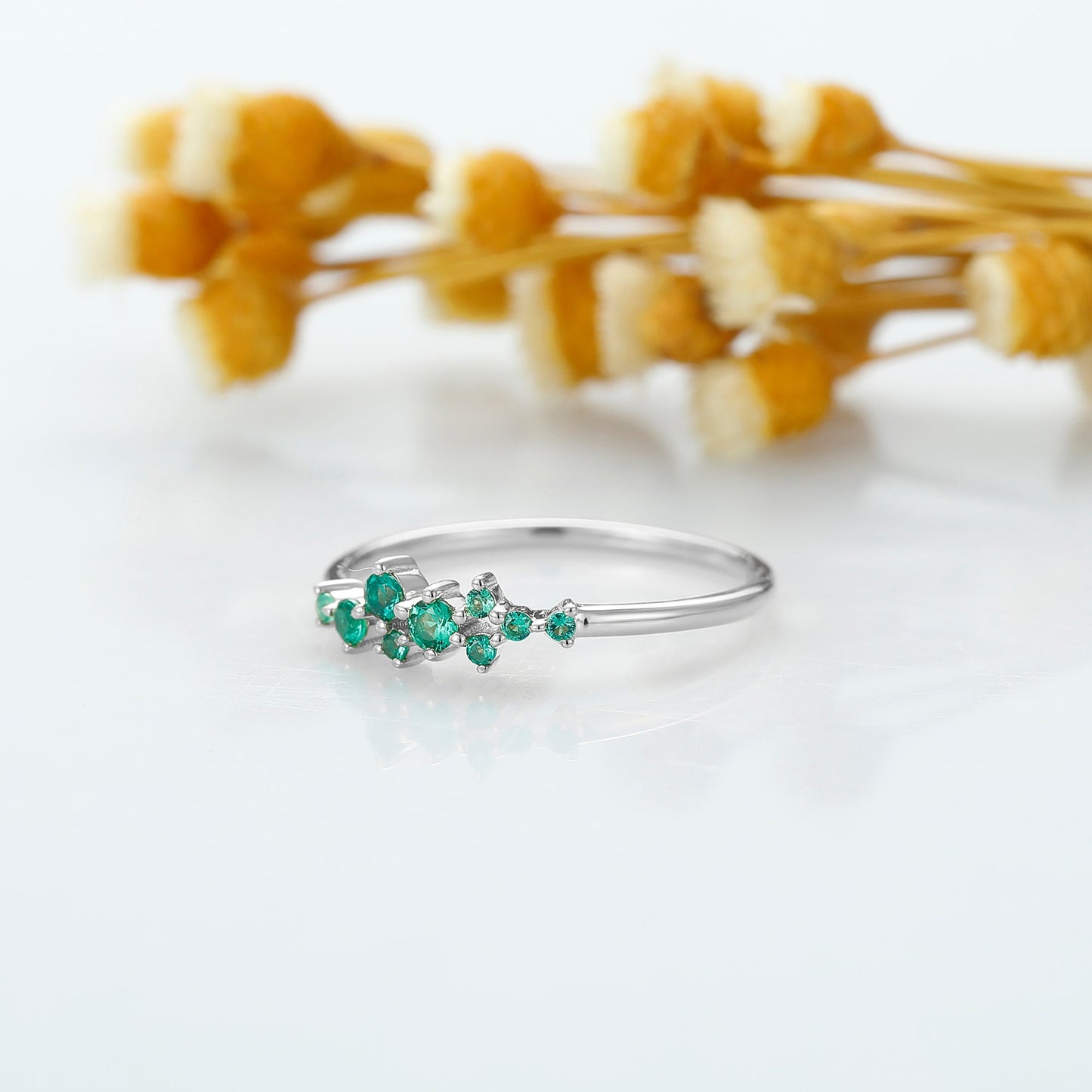 Nature Inspired 0.179 Carat Round Cut Emerald Wedding Ring In 925 Sterling silver