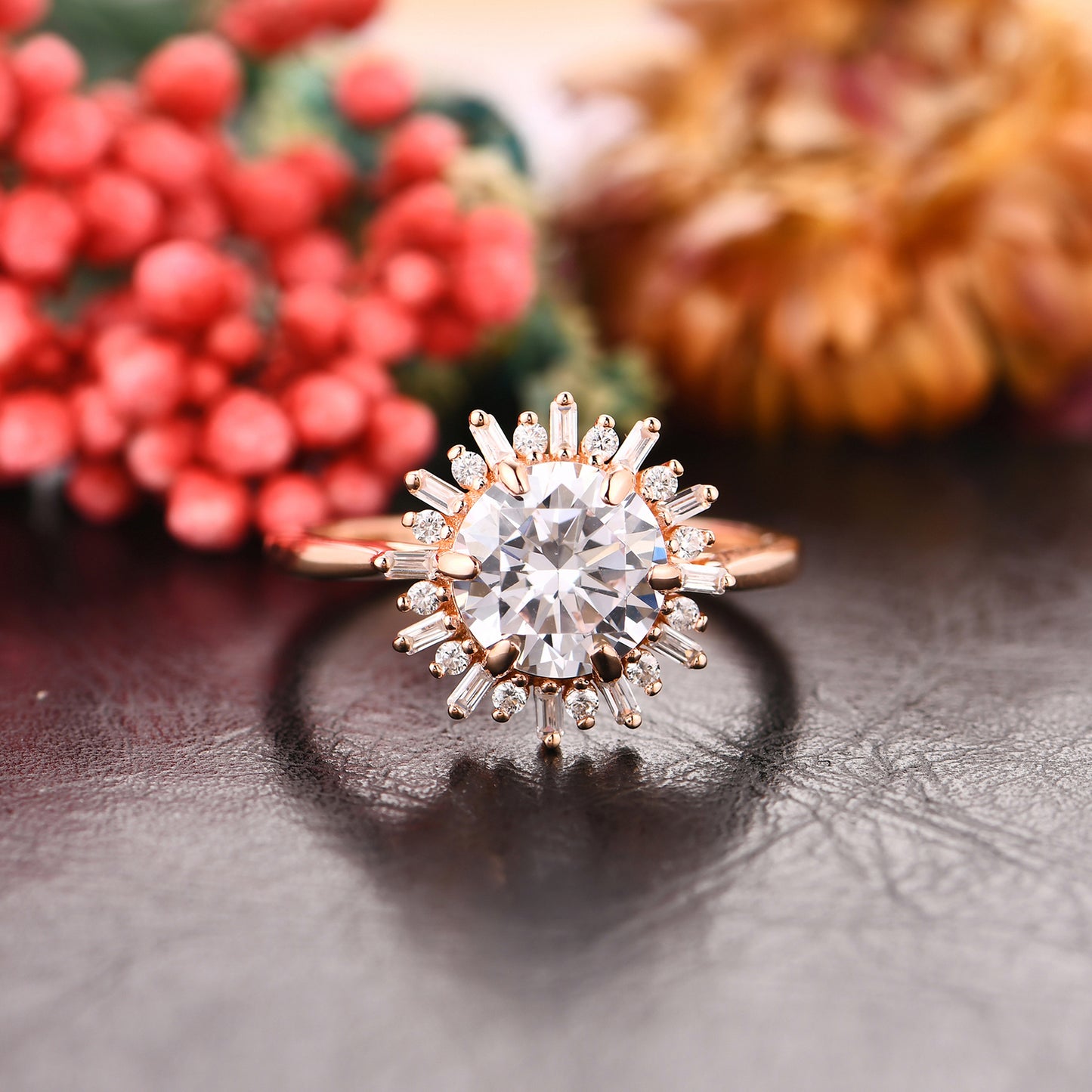 Luxury Halo 2.00 Carat Round Cut Moissanite Side Stone Sunflower Style Engagement Ring