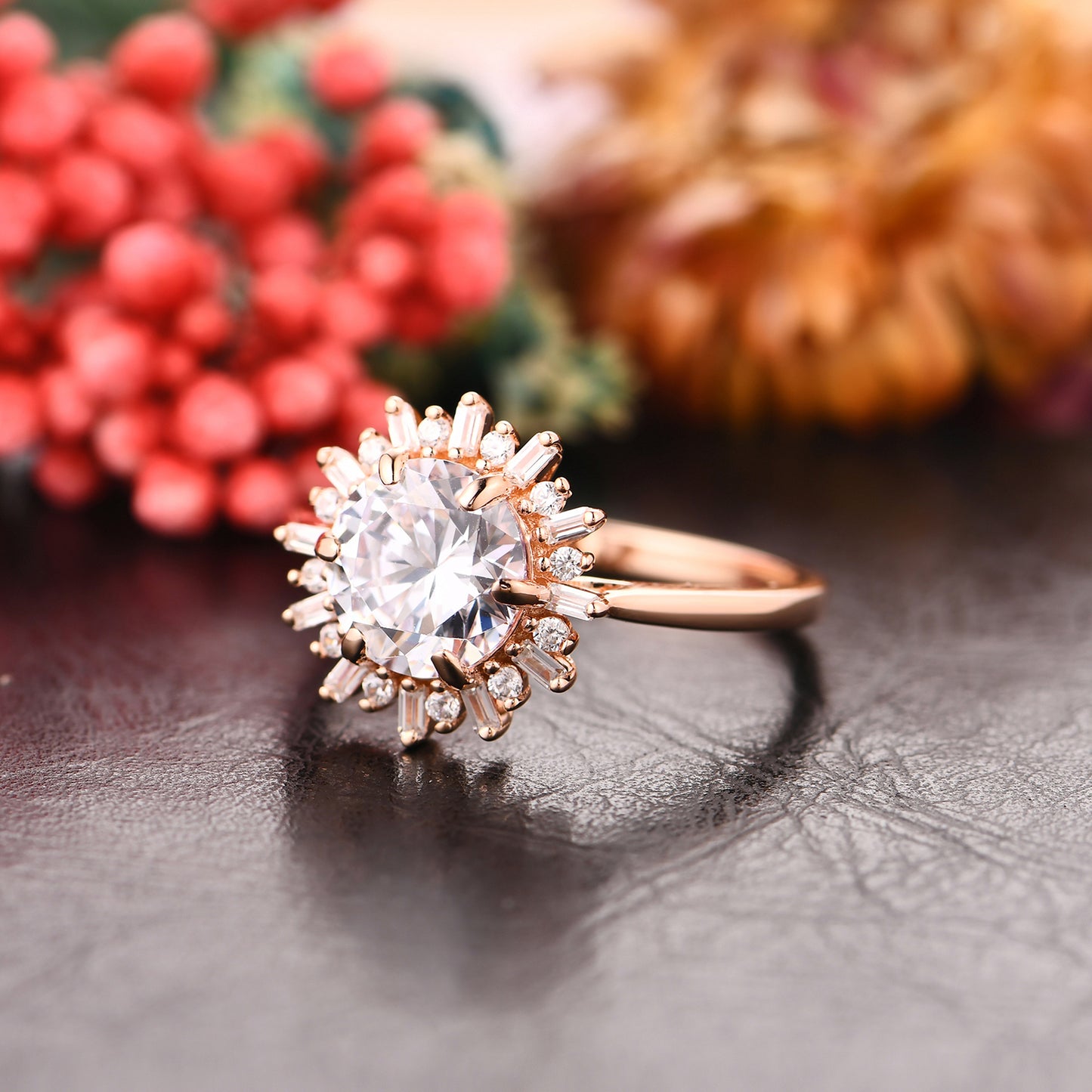 Luxury Halo 2.00 Carat Round Cut Moissanite Side Stone Sunflower Style Engagement Ring