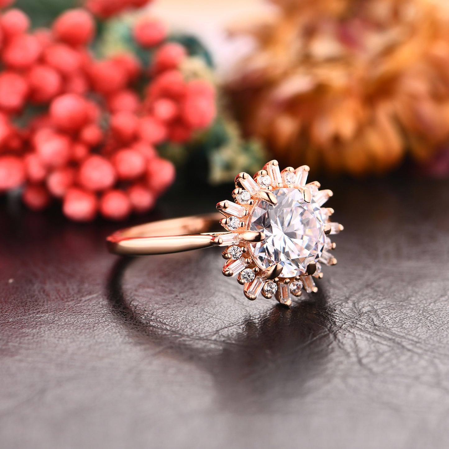 Luxury Halo 2.00 Carat Round Cut Moissanite Side Stone Sunflower Style Engagement Ring