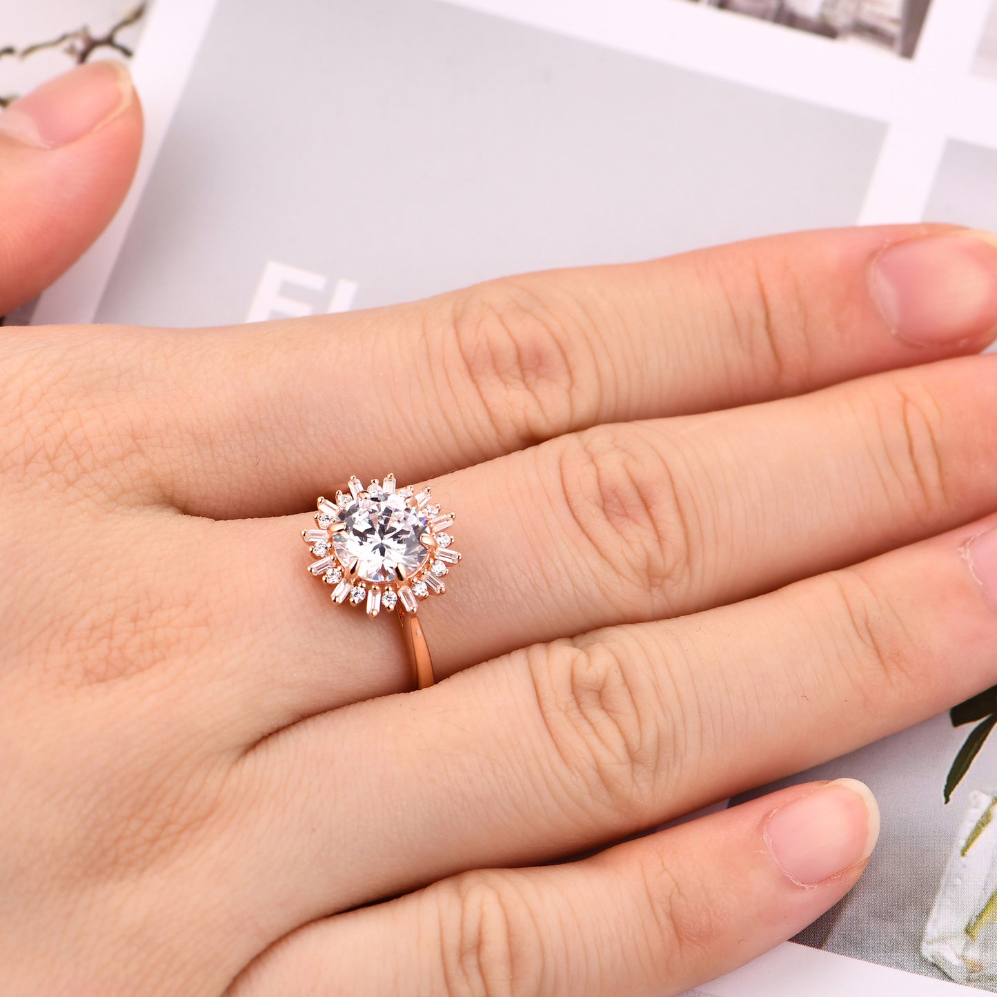 Luxury Halo 2.00 Carat Round Cut Moissanite Side Stone Sunflower Style Engagement Ring