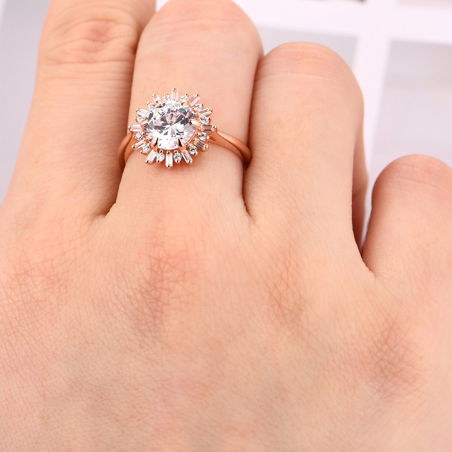 Luxury Halo 2.00 Carat Round Cut Moissanite Side Stone Sunflower Style Engagement Ring