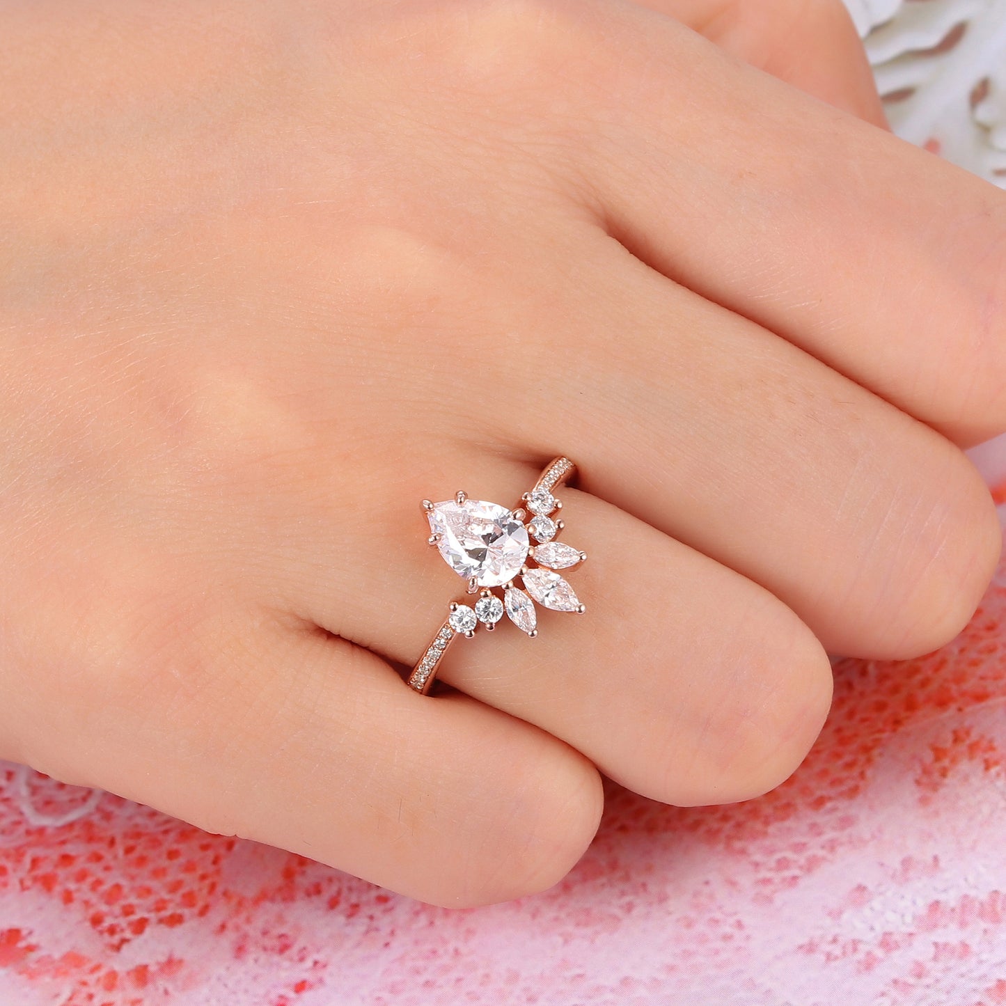 Flower Design 1.30 Carat Pear Cut Side Stone Moissanite Pave Setting Engagement Ring